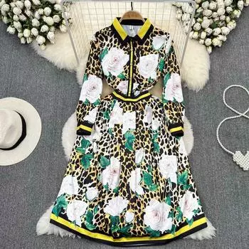 Винтажное легкое роскошное темпераментное платье с длинными рукавами и лацканами на талии для пожилых людей, тонкое платье с леопардовым принтом и розой