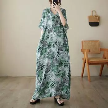 Винтажное леопардовое платье больших размеров с коротким рукавом, новое женское повседневное свободное длинное летнее платье макси зелёный