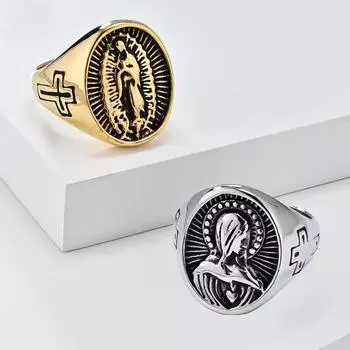 Винтажное литературное кольцо с крестом Девы Марии из титановой стали для мужчин и женщин, ювелирные изделия из нержавеющей стали для мужчин, повседневное мужское кольцо на палец 7#