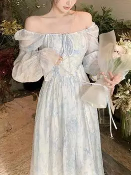 Винтажное милое цельное платье с цветочным принтом, женское элегантное вечернее платье с оборками во французском стиле, длинное платье, женские повседневные модные пляжные платья с бантом 2024 S синий