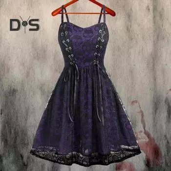 Винтажное мини-платье в готическом стиле в стиле панк-рок с кружевным сетчатым ремешком, женское мини-платье на бретельках с принтом черепа, свободное подол, платье на Хэллоуин без рукавов L вино красного