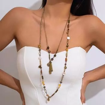 Винтажное многослойное нерегулярное акриловое бирюзовое длинное ожерелье женская мода осень-зима бронзовое бисерное пальто свитер цепи ожерелье аксессуар