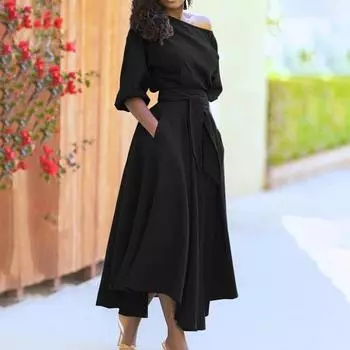 Винтажное модное однотонное платье с косыми плечами, широкое вечернее женское платье XXXL чёрный