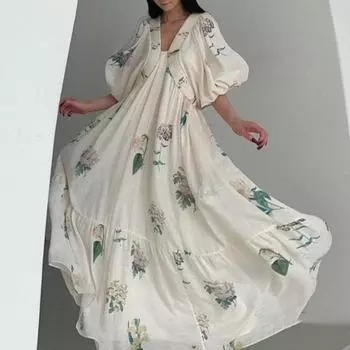 Винтажное модное печатное платье из хлопка и льна с широким подолом, свободный дизайн, V-образный вырез, короткие рукава, женские платья XL