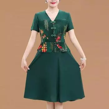 Винтажное модное женское платье с цветочным принтом, v-образным вырезом и короткими рукавами, искусственные платья из двух предметов, темпераментное элегантное женское летнее шикарное платье миди XL красный