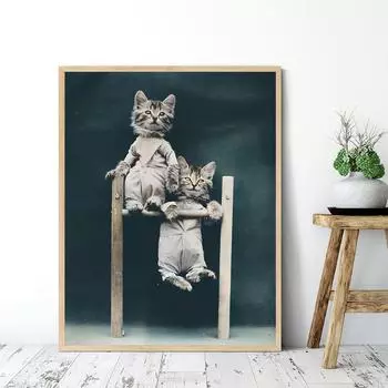 Винтажное настенное искусство котят на перекладине с принтом на холсте, картина в стиле ретро, забавный постер с изображением кошек и животных, украшение для дома, комнаты для домашних животных, изображение 21x30cm No Framed