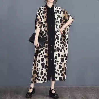 Винтажное новое платье больших размеров с коротким рукавом для женщин, повседневное свободное длинное летнее платье-рубашка