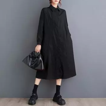 Винтажное новое платье больших размеров с длинным рукавом для женщин, повседневное свободное длинное весенне-осеннее платье-рубашка чёрный