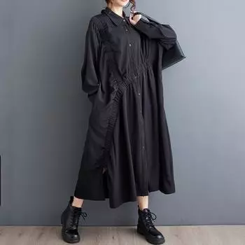 Винтажное новое платье больших размеров с длинным рукавом для женщин, повседневное свободное весенне-осеннее платье-рубашка