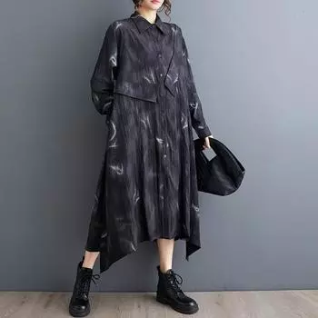 Винтажное новое платье больших размеров с длинным рукавом для женщин, повседневное свободное весенне-осеннее платье-рубашка