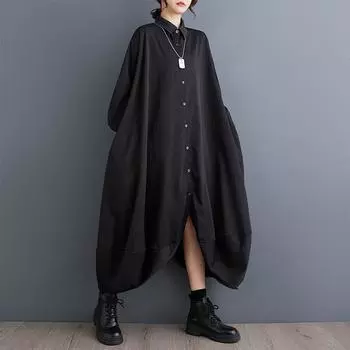 Винтажное новое платье больших размеров с длинным рукавом для женщин, повседневное свободное весенне-осеннее платье-рубашка чёрный