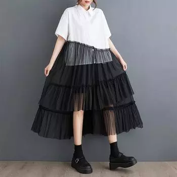 Винтажное новое сетчатое платье больших размеров с коротким рукавом для женщин, повседневное свободное длинное летнее платье-рубашка чёрный