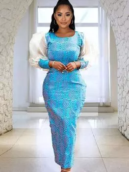 Винтажное облегающее платье с принтом из тюля с пышными рукавами в стиле пэчворк с разрезом осень-весна элегантное модное офисное женское платье-карандаш 2022 S небесно-голубой