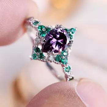 Винтажное обручальное кольцо с каплей воды, фиолетовый кристаллический камень, обручальное кольцо для женщин, кольца с зеленым цирконом, серебряные свадебные украшения, аксессуар 6 серебряный/фиолетовый