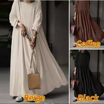 Винтажное однотонное длинное платье Женский осенний сарафан Повседневный длинный рукав Плиссированный макси Vestidos Ретро хлопковый халат Кафтан XXXXL чёрный