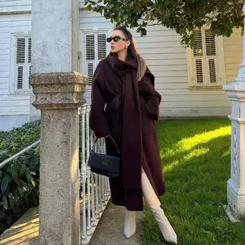 Винтажное однотонное женское пальто со шнуровкой и шарфом, модное длинное шерстяное пальто с длинными рукавами, новая женская куртка High Street S вино красного