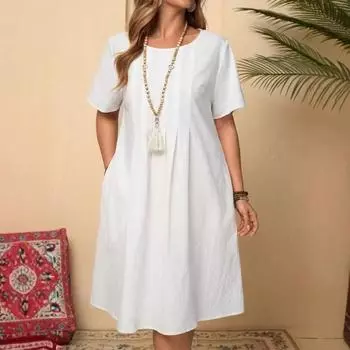Винтажное однотонное женское платье с круглым вырезом и мешковатыми карманами S белый