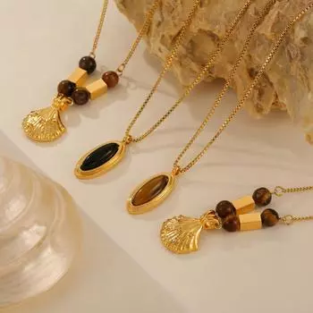 Винтажное овальное ожерелье из титановой стали с покрытием из 18-каратного золота для женщин с натуральным камнем, сохраняющее цвет ключицы