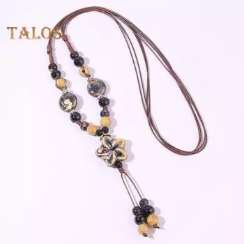 Винтажное ожерелье из бисера в стиле бохо из керамики, плетеная веревка, длинное Y-образное ожерелье ручной работы, ретро-ювелирные изделия, подарок для женщин темные хаки