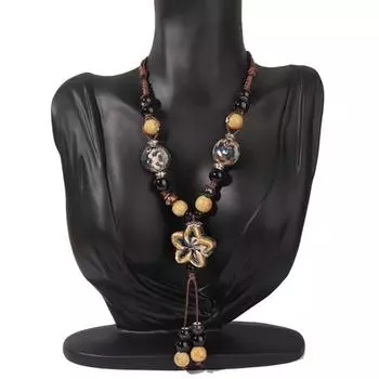 Винтажное ожерелье из бисера в стиле бохо из керамики с плетеным шнуром и цветком в виде длинного Y-образного ожерелья ручной работы