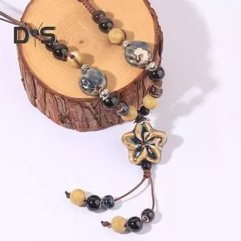 Винтажное ожерелье из бисера в стиле бохо из керамики, плетеная веревка, длинное Y-образное ожерелье ручной работы, ретро-ювелирные изделия, подарок для женщин темные хаки