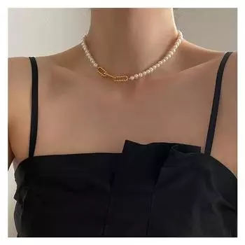 Винтажное ожерелье из натурального пресноводного жемчуга с переплетенным узором, с покрытием из титановой стали 18-каратного золота, цепочка на ключицу для женщин золотой