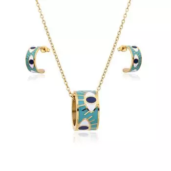 Винтажное ожерелье из нержавеющей стали с эмалью от сглаза, набор украшений для женщин, разноцветные кольца, позолоченные серьги 45cm