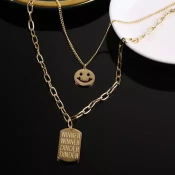 Винтажное ожерелье из титановой стали с буквами, двухслойная толстая цепочка, длинное ожерелье со смайликом и ключицей серебряный