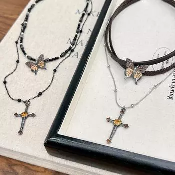 Винтажное ожерелье с бабочкой из бисера - модный дизайн креста 2024 года для женщин N1087 чёрный