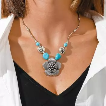 Винтажное ожерелье с бирюзовой цепочкой на ключицы в этническом стиле, серебряное ожерелье с цветком серебряный