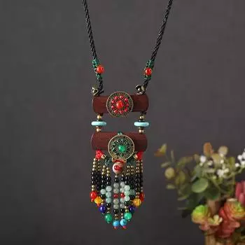 Винтажное ожерелье с кисточками в этническом стиле, женский плетеный длинный деревянный кулон из халцедона, художественный темперамент, аксессуары на цепочке для свитера