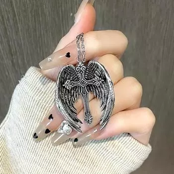 Винтажное ожерелье с крестом и крыльями ангела для женщин и мужчин, трендовое, панк, с подвеской в виде пера, цепочка для свитера Pendant&60cm