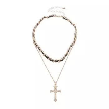Винтажное ожерелье с подвеской в виде креста для женщин, готический кожаный чокер, многослойная цепочка, панк-украшение, стального цвета, регулируемое, подарок золотой
