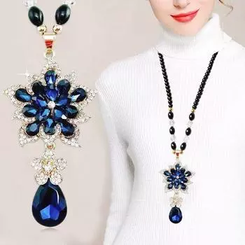 Винтажное ожерелье с подвеской в виде цветка для девочек и женщин, модное длинное ожерелье-цепочка, очаровательное ожерелье-свитер, помолвочное ювелирное изделие, подарок синий