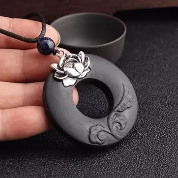 Винтажное ожерелье с подвеской в виде лотоса из черного сандалового дерева, этническое регулируемое длинное деревянное ожерелье-свитер из веревки чёрный