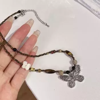 Винтажное ожерелье с подвеской в виде бабочки ручной работы, бусины из натурального камня, плетеная веревка, ожерелье для влюбленных, женская цепочка на свитер, ювелирные изделия