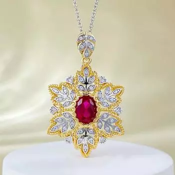 Винтажное ожерелье с подвеской в виде цветка золотистого серебряного цвета для женщин в дворцовом стиле с овальной огранкой из красного циркония, свадебное вечернее или банкетное, подарок красный