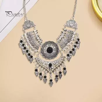 Винтажное ожерелье в стиле бохо для женщин, этническое ожерелье-чокер, массивный воротник в стиле бохо для повседневной носки и вечеринок чёрный/серебряный