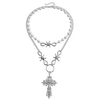 Винтажное ожерелье в стиле панк с крестом, многослойное, с имитацией жемчуга, двухслойное, женское