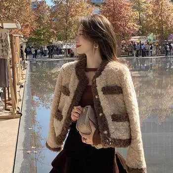 Винтажное пальто из искусственной овечьей шерсти, женская корейская укороченная куртка из искусственного меха в стиле пэчворк, элегантная утолщенная теплая короткая верхняя одежда, топы, новые S коричневый