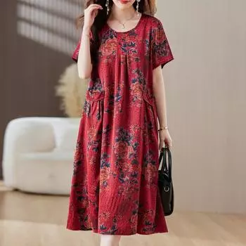 Винтажное платье для женщин, большие размеры, свободные повседневные летние платья с короткими рукавами, женская одежда среднего возраста XL