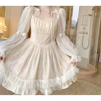 Винтажное платье Фея кружевное платье с длинными рукавами для женщин L слоновая кость