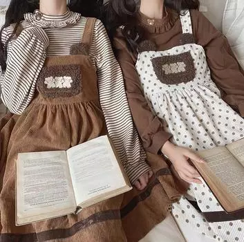 Винтажное платье кавайной Лолиты, женское зимнее японское милое платье миди с милым медведем, плюшевым карманом, вельветовое платье миди на бретельках, мягкая девушка S коричневый