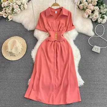 Винтажное платье-рубашка миди для женщин, летние платья-поло с короткими рукавами и высокой талией, тонкие платья трапециевидной формы, Robe Femme One Size