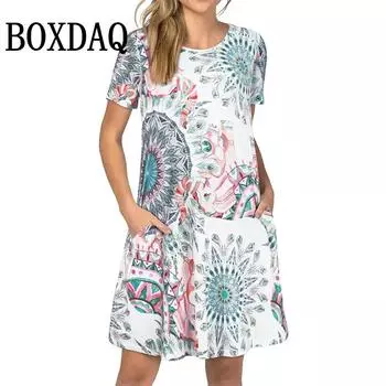 Винтажное платье с цветочным принтом и круглым вырезом, женское винтажное платье с коротким рукавом, летнее платье А-силуэта, элегантное вечернее платье, повседневное свободное платье в стиле бохо S