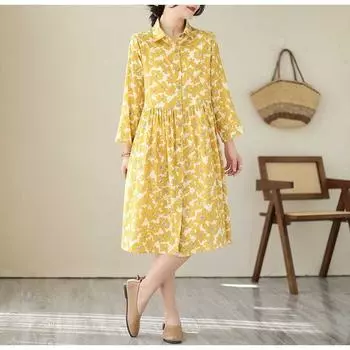 Винтажное платье с цветочным принтом и рукавами девять точек, женское, темпераментное, воротник рубашки, юбка средней длины размера плюс M жёлтый