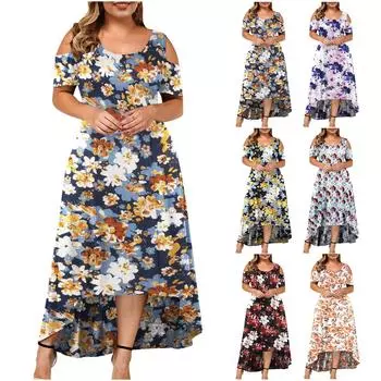 Винтажное платье с открытыми плечами для женщин с цветочным принтом, круглым вырезом и коротким рукавом, длинное платье, повседневное модное платье для работы и отдыха, дышащее тонкое платье большого размера XL