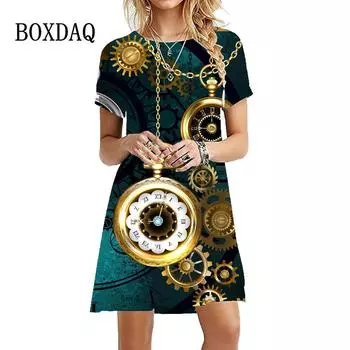 Винтажное платье с принтом в стиле панк с паровым двигателем, женские карманные часы, платье с коротким рукавом, летняя свободная одежда, повседневное ретро-мини-платье S