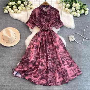 Винтажное платье с принтом, женское платье-рубашка трапециевидной формы с короткими рукавами и лацканами, женские элегантные летние длинные халаты трапециевидной формы, Vestidos XXL хаки