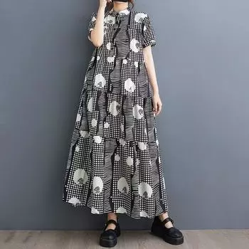 Винтажное платье в горошек с коротким рукавом больших размеров для женщин, повседневное свободное длинное летнее платье